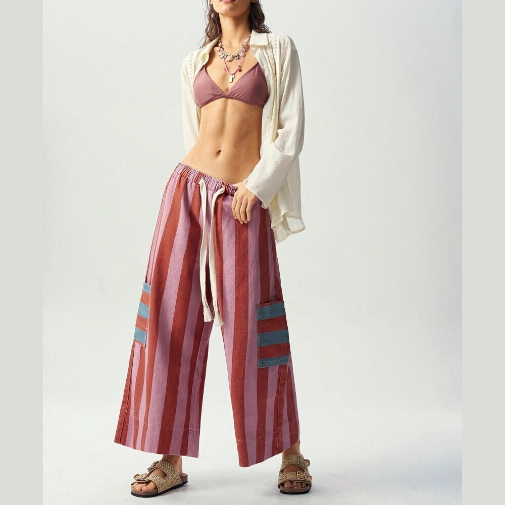 Pink & Burgundy Striped Cropped Pants with Tassel Drawstring - Picture 2 of 7